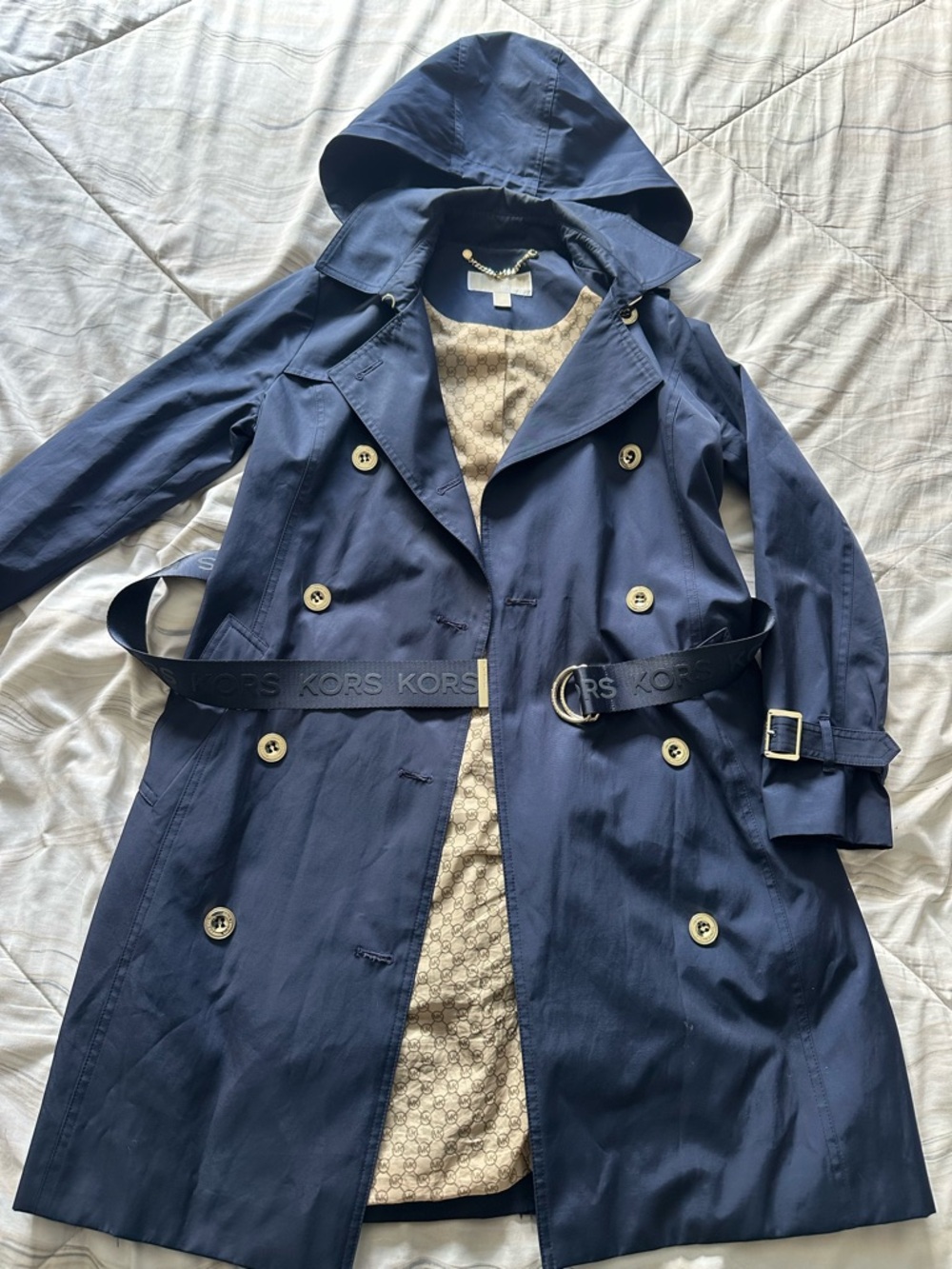 MICHAEL Michael Kors Navy Hooded Trench Coat with Branded Belt
